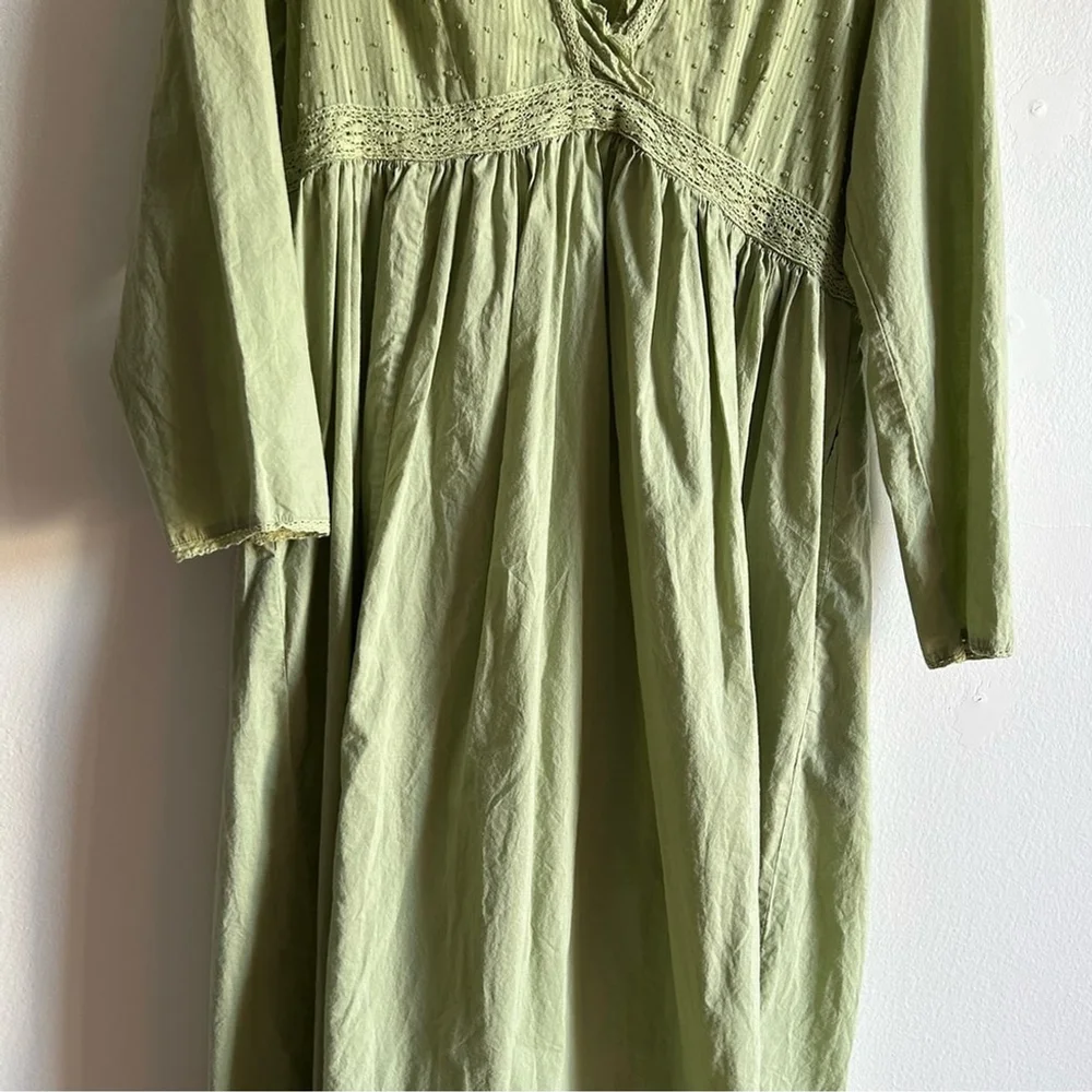 April Cornell Sz XS Green Dainty Long Sleeves Cotton Cottagecore Max Dress - Picture 4 of 13